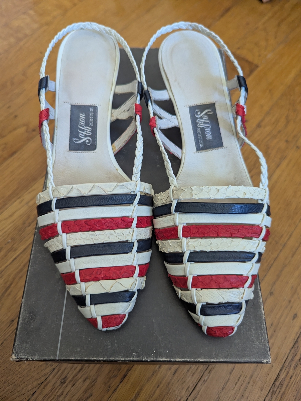 Vintage Saffron Boutique White, Black & Red Braided Slingback Heels